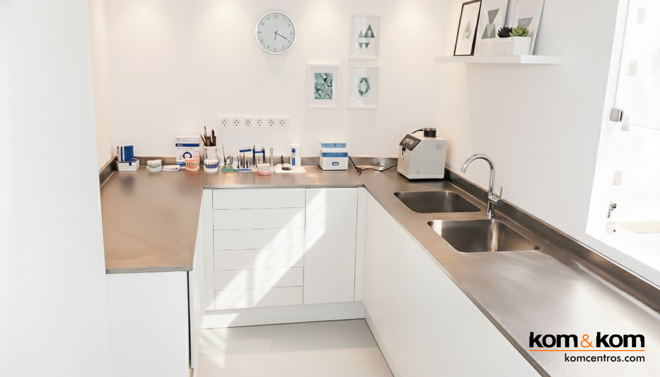 Laboratorio de clínica dental con distribución en U, muebles blancos y encimera de trabajo profesional de acero inoxidable con fregadero de doble seno integrado.